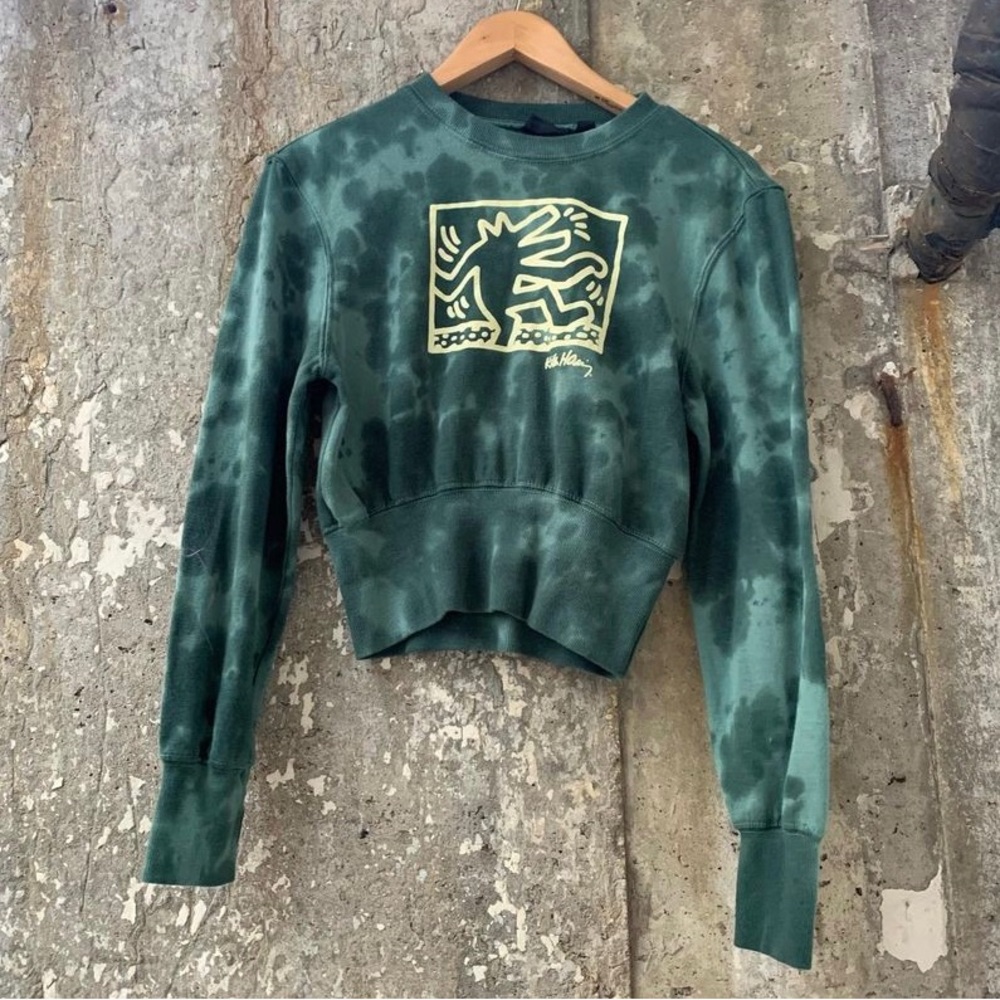 Keith Haring Green Tie Dye Graphic Crop Sweatshirt Wide Rib Waist Size Small